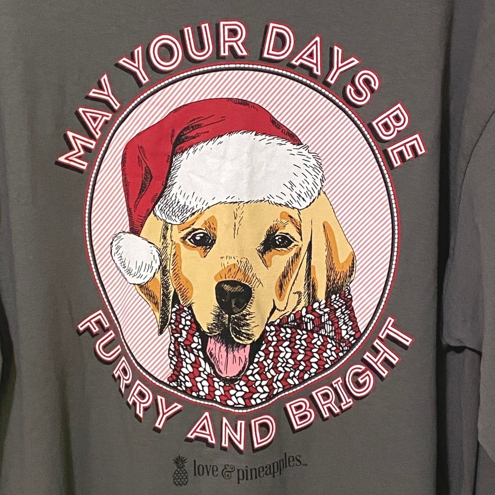 Love & Pineapples Long Sleeve Womens Christmas T-Shirt XL Gray Labrador Holiday